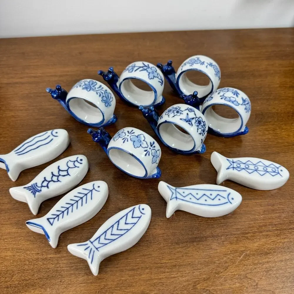 Snail Napkin Rings and Fish Knife Rests Set of 6 each Blue White New in Box